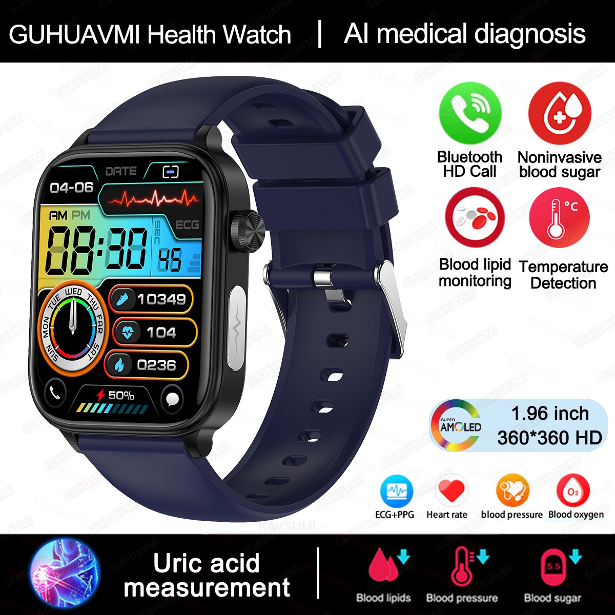 2024 AI Medical Diagnosis Smart Watch Blood Lipids, Uric Acid, Blood Glucose Monitoring with ECG+PPG, Bluetooth Calls, and Health Tracking