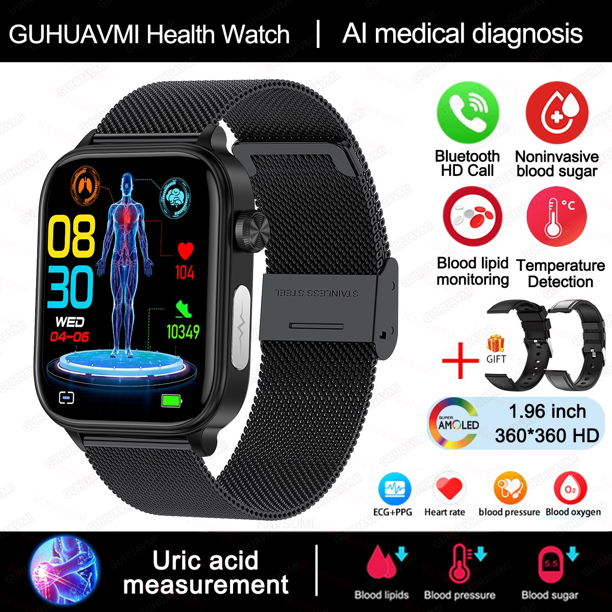 2024 AI Medical Diagnosis Smart Watch Blood Lipids, Uric Acid, Blood Glucose Monitoring with ECG+PPG, Bluetooth Calls, and Health Tracking