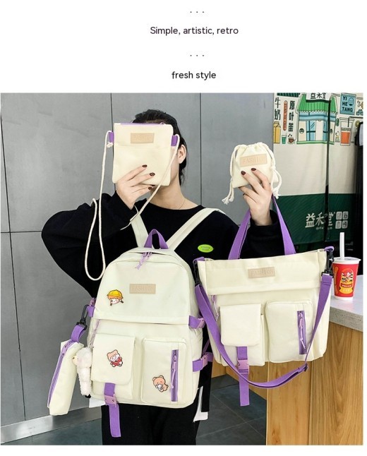 College Students' Backpack Five-piece Contrast Color Canvas School Bag