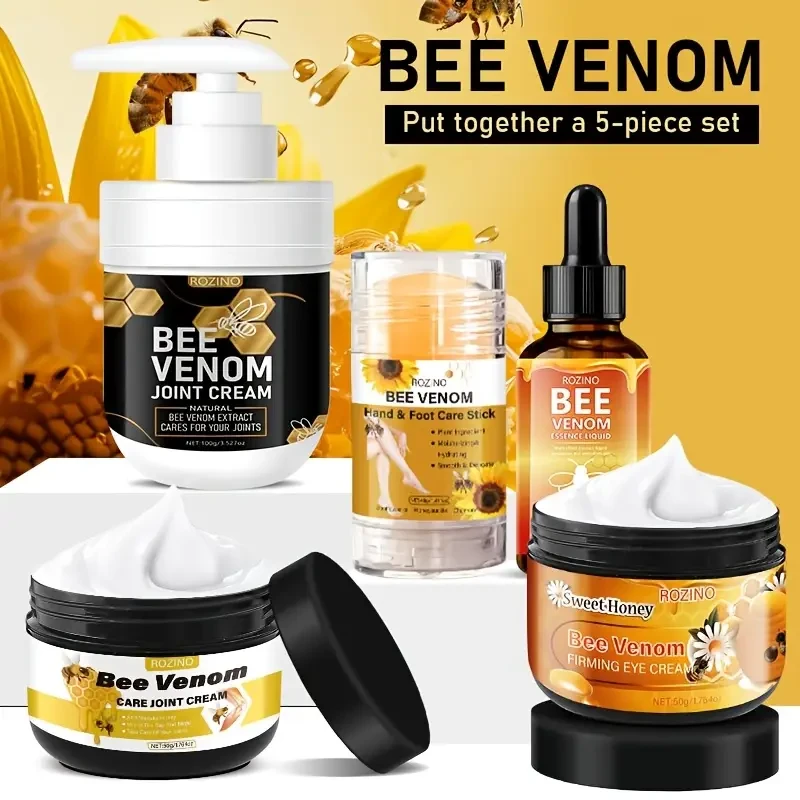 5pcs Bee Venom Skincare & Hair Care Set by ROZINO - Moisturizing and Nourishing, Includes Honeycomb Eye Cream, Joint & Foot Creams, Shampoo & Conditioner with Jojoba Oil, Plant Squalane - for Smooth, Hydrated Skin & Lustrous Hair