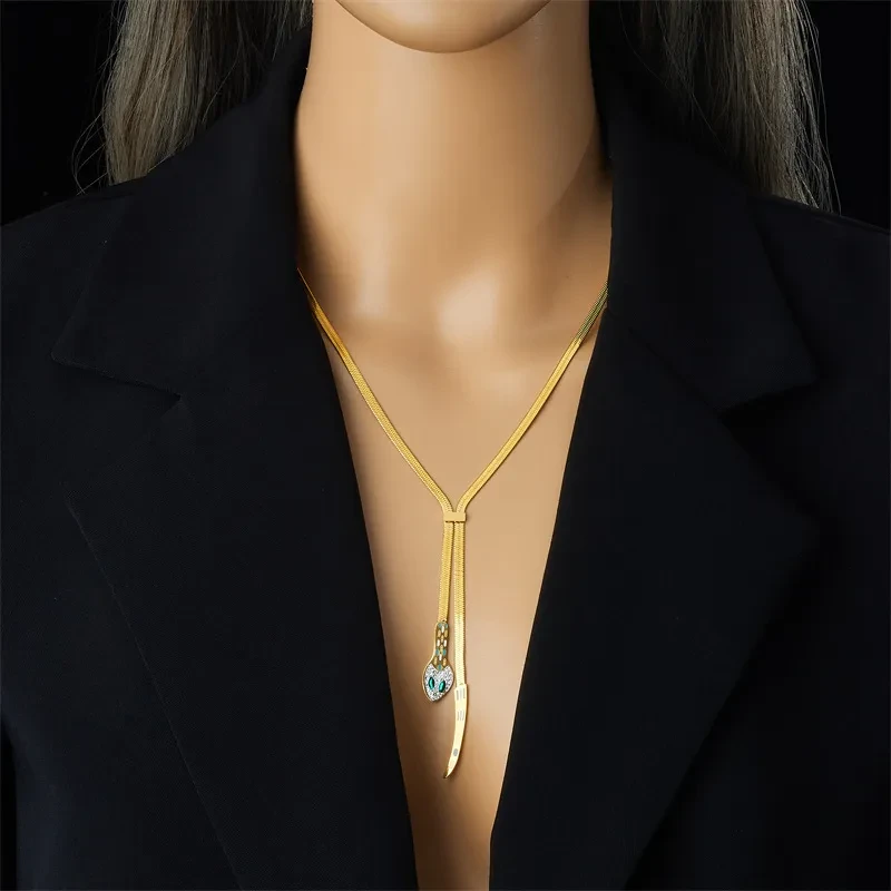 Women's Full Diamond Snake Head Snake Tail Snake Bones Chain Necklace