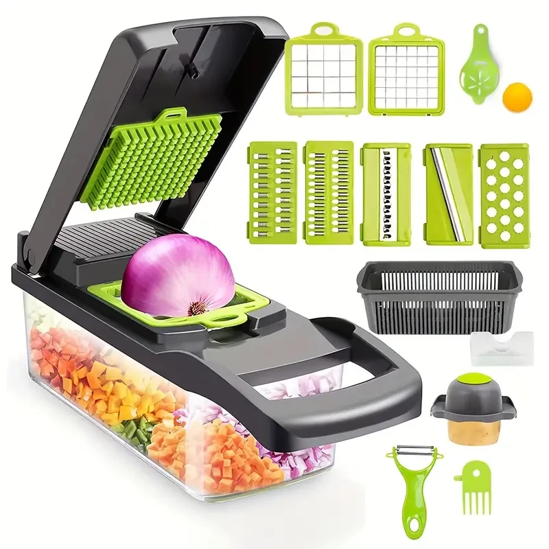 16-in-1 Multifunctional Vegetable Chopper - Manual Food Slicer Dicer with Container, Kitchen Veggie Cutter for Onion, Carrot, Garlic - Plastic Kitchen Gadget Set with Drain Basket & Hand Protector