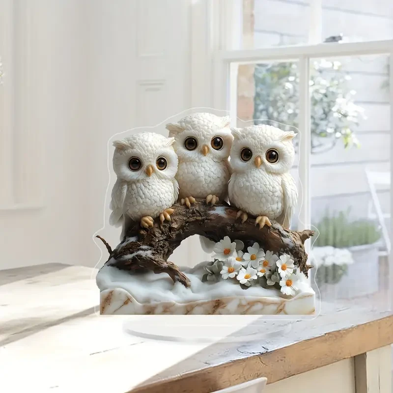 Boho Style Owl Figurine Ornaments - 1pc Acrylic Owl Family on Tree Branch