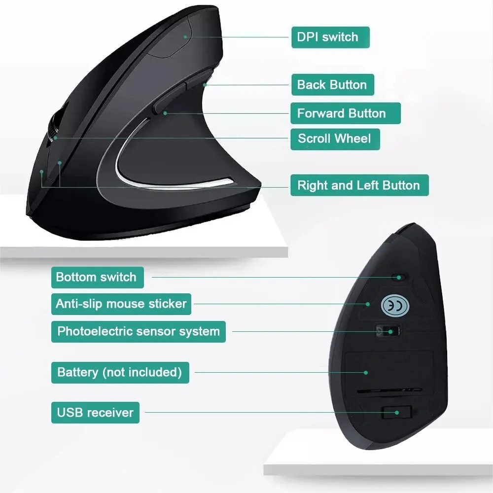 Ergonomic Vertical Wireless Mouse  2.4GHz Optical Mouse