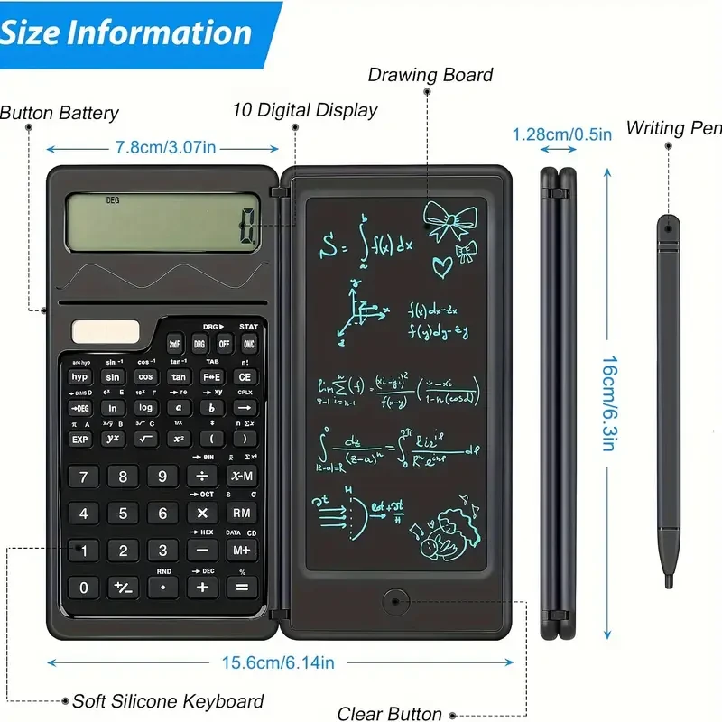 Calculators, Ultra-thin Scientific Calculator With 6 Inch Erasable LCD Writing Tablet, 10-Digit Foldable Calculator, Solar Battery Dual Powered Mathematical Physics Geometry Scientific Calculator
