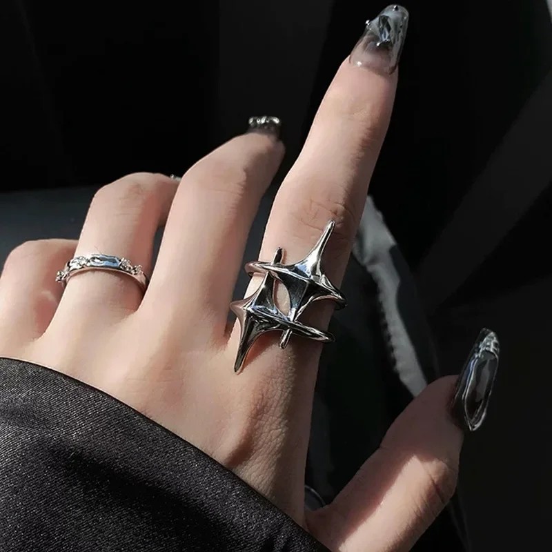 Y2K Hip Hop Silver Color Copper Stars Open Rings for Women Men