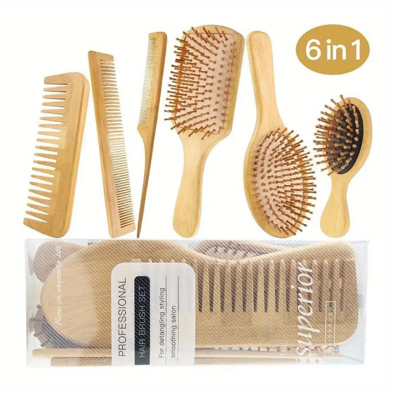 6pcs Bamboo Hair Brush and Comb Set for Normal Hair - Includes Air Cushion Massage Brush, Paddle Brush, Tail Comb, Tooth Comb, Double Head Comb - Detangles Knots and Promotes Healthy Hair Growth.