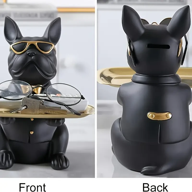 1pc, Decorative Resin Bulldog Sculpture With Tray, Multifunctional Black Bulldog Statue For Storage & Display, Home & Office Desk Decor, Eye-catching Resin Bulldog With Sunglasses Design, Practical And Stylish Organizer