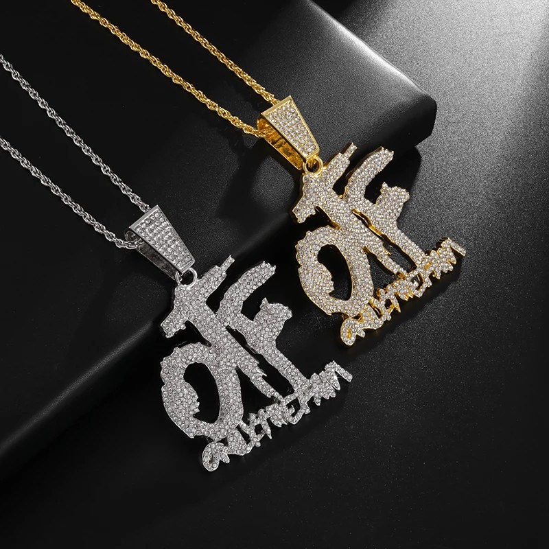 Luxurious Ice Crystal Zirconia Letter OTF Letter Pendant Necklace for Men and Women