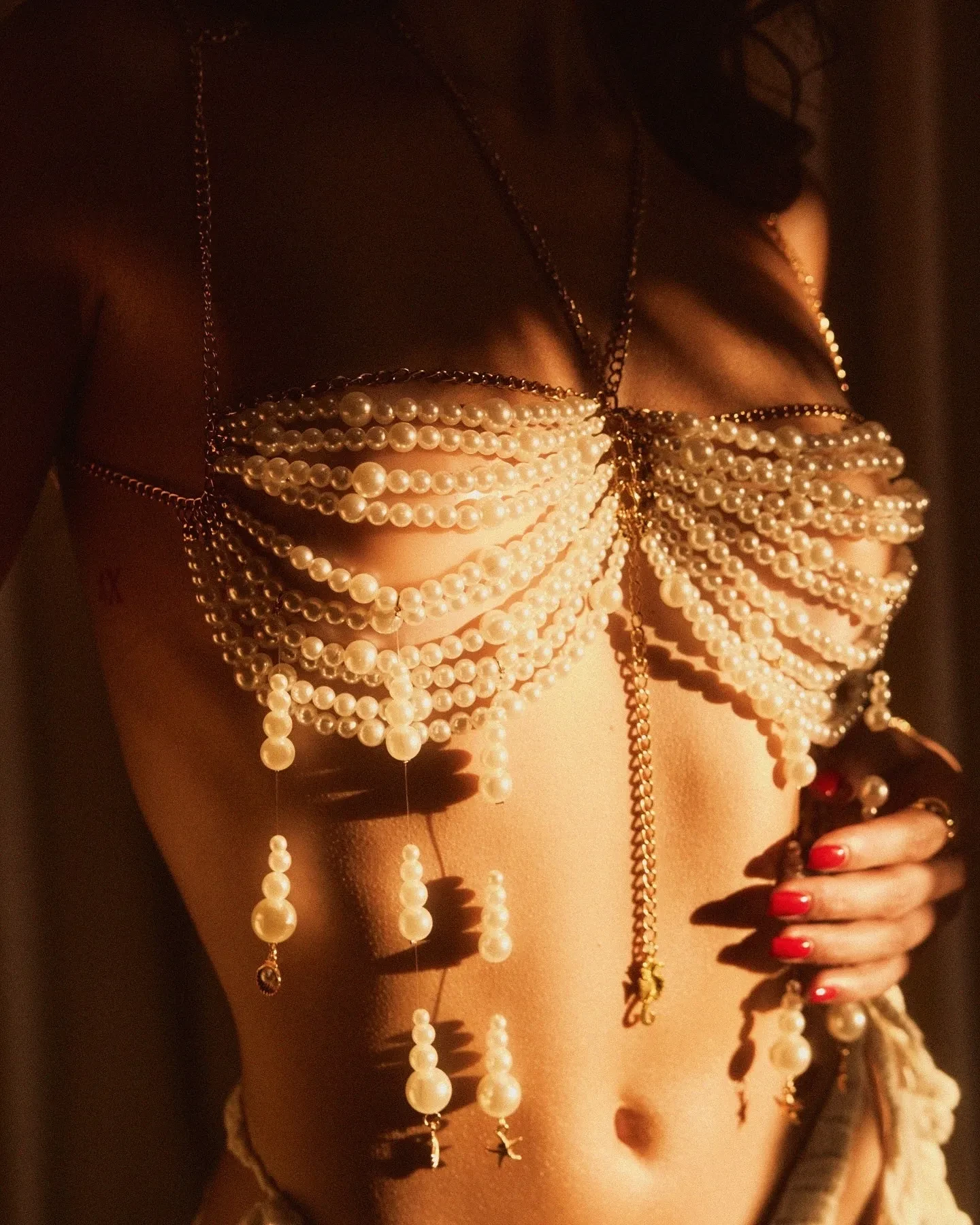 Stringed Pearls Chest Necklace Tassel Halterneck Vest Top Body Chains