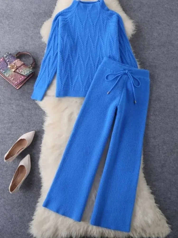 Fall Winter Knitted 2-Piece Set - Half Turtleneck Sweater & Wide Leg Pants Suit