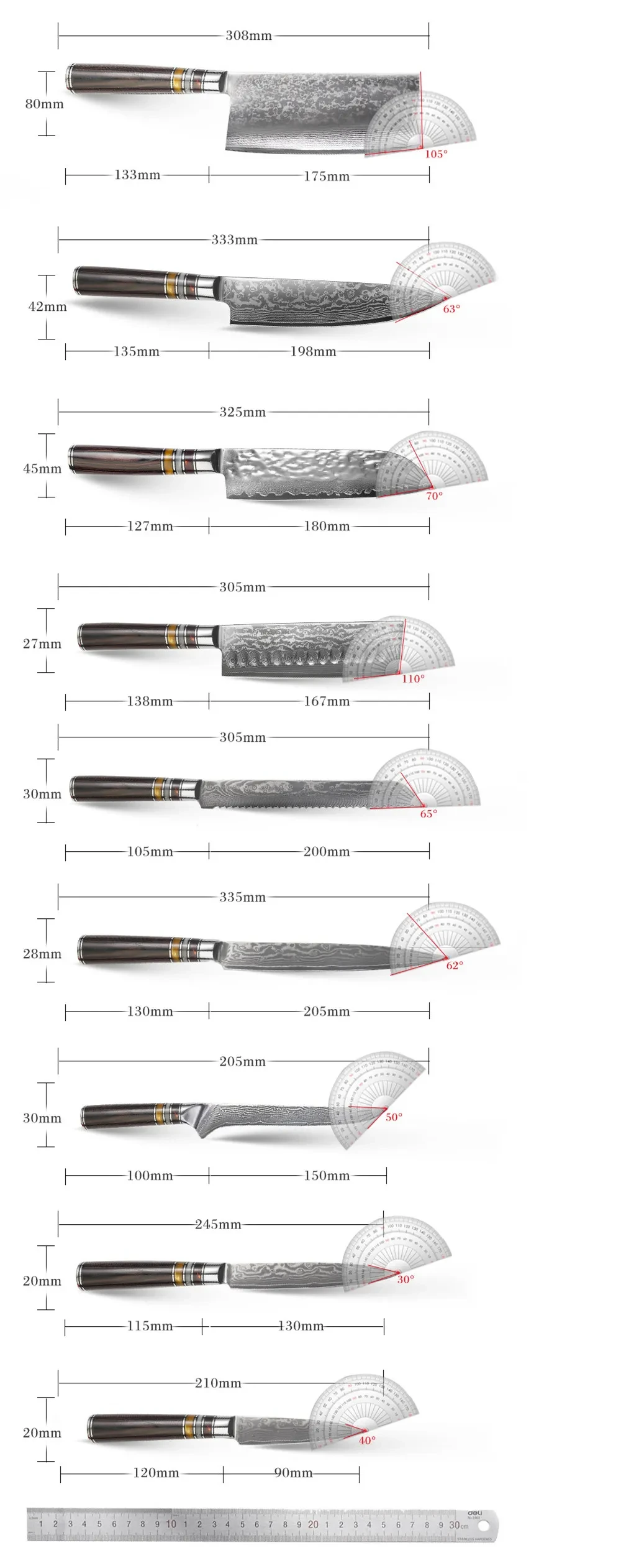 Kitchen Knives With Resin Coloured Wooden Handles