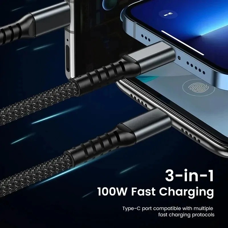 3-in-1 100W Transparent Fast Charging Cable - Type-C, USB, Micro USB