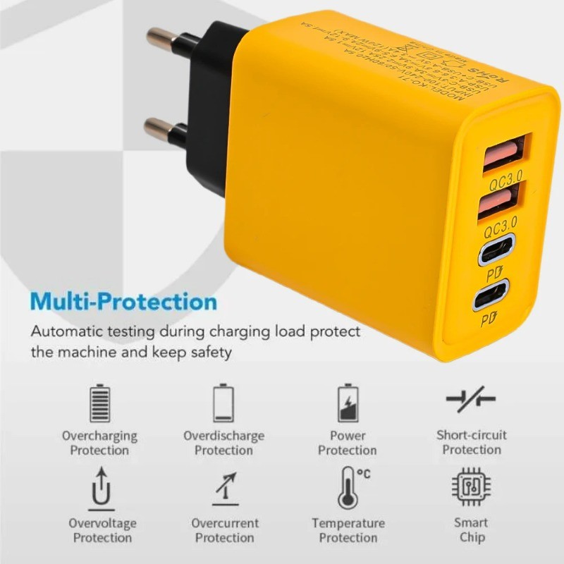 4-Port 120W USB-C PD Charger - Quick Charge QC3.0 Adapter