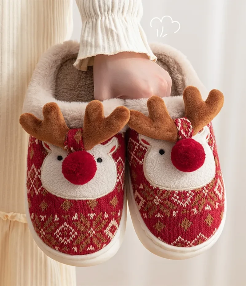 Cute Christmas Elk Plush Slippers Winter Ins Fashion Non-slip Floor Bedroom Home Slippers For Women Fuzzy House Shoes