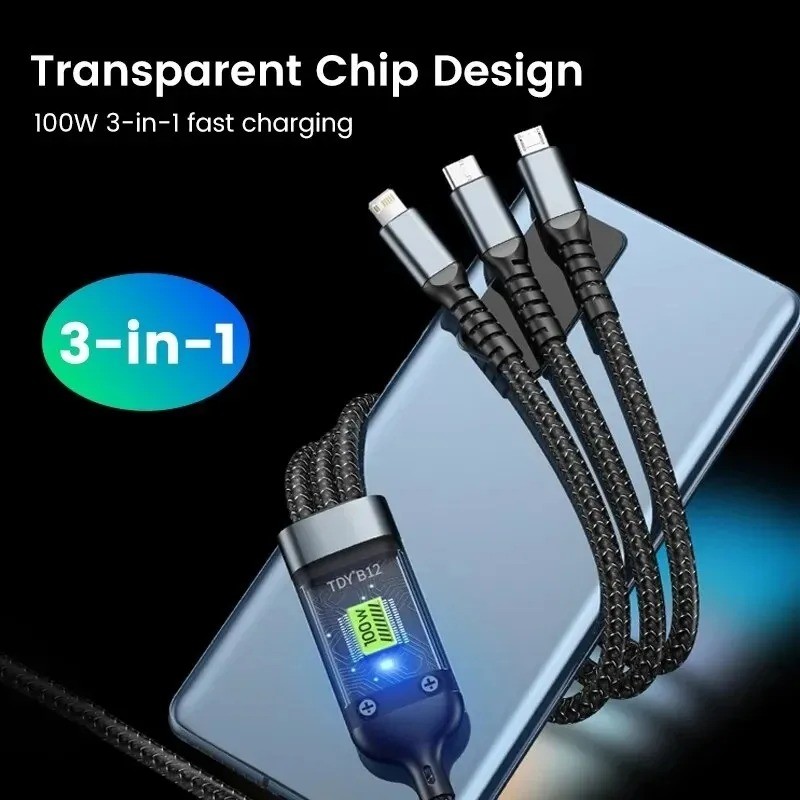 3-in-1 100W Transparent Fast Charging Cable - Type-C, USB, Micro USB