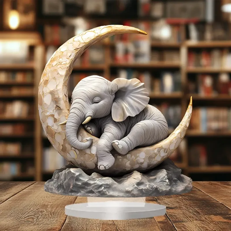 Bohemian Style Acrylic Elephant Moon Crest Statue, 20.32cm x 17.78cm