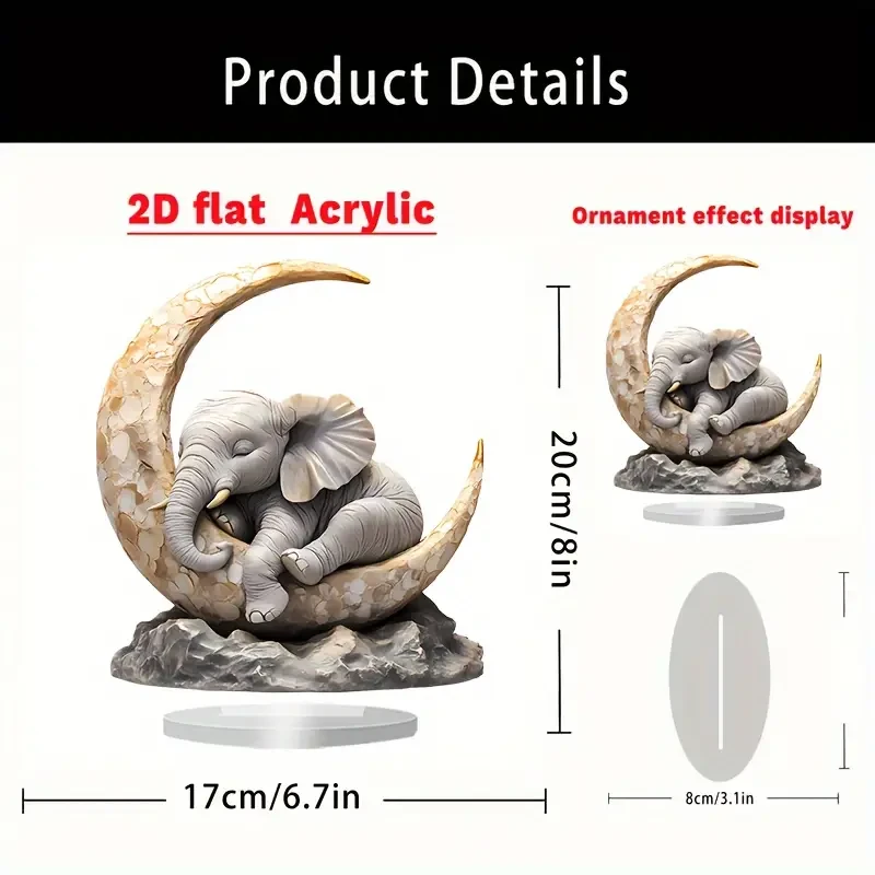 Bohemian Style Acrylic Elephant Moon Crest Statue, 20.32cm x 17.78cm