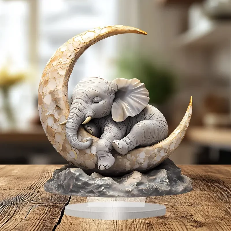 Bohemian Style Acrylic Elephant Moon Crest Statue, 20.32cm x 17.78cm