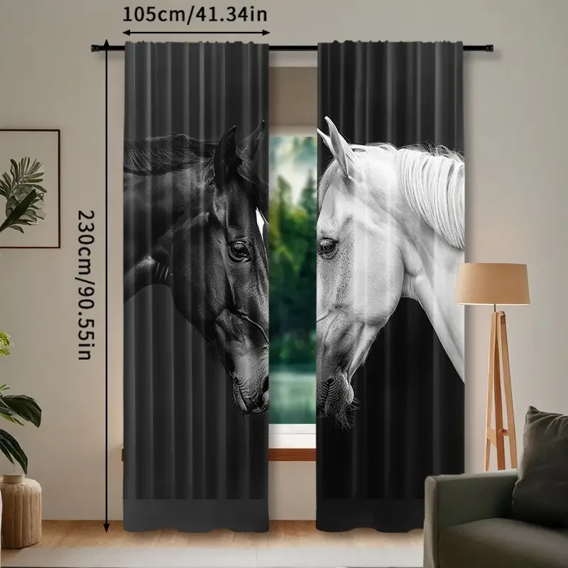 2pcs Set 3D Horse Print Curtains - Rod Pocket, Semi-Sheer Window