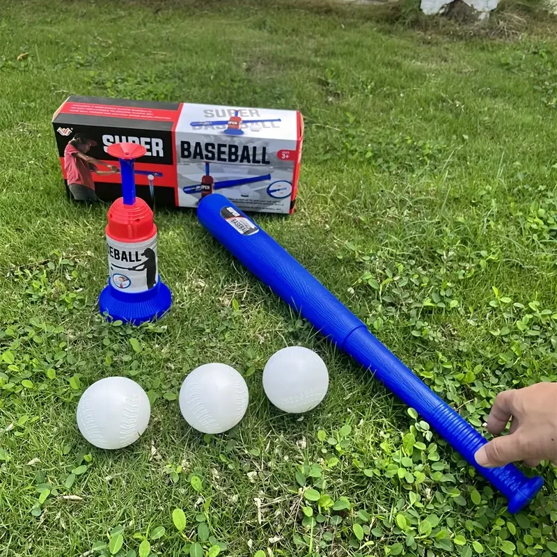 Kids Baseball Set, 1 Adjustable Bat & 1 Ball Launcher with 3 Balls, Indoor/Outdoor Family Travel Game, Perfect for Thanksgiving/Christmas Gift, Blue, PP Material