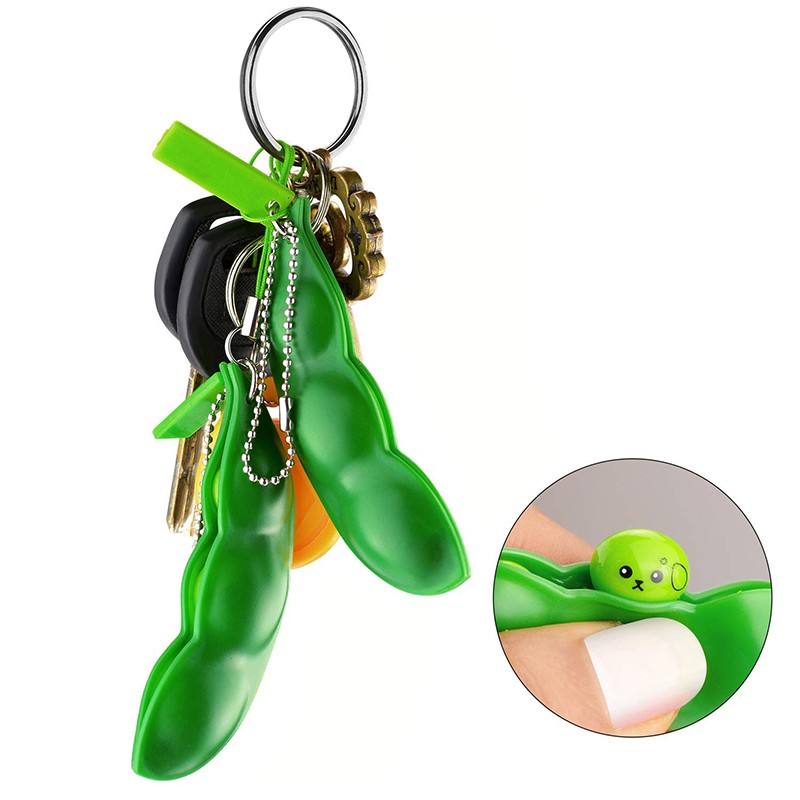 2Pcs Peapod Fidget Toy Squeeze Bean Edamame Pea Keychain Keyring