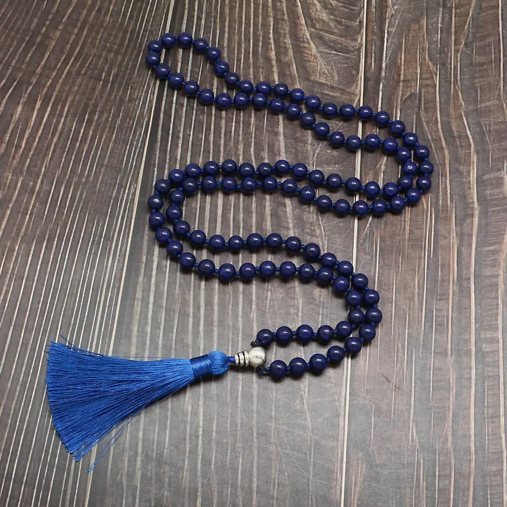 Blue Sandstone 8mm Natural Stone 108 Handmade Tassel Necklace