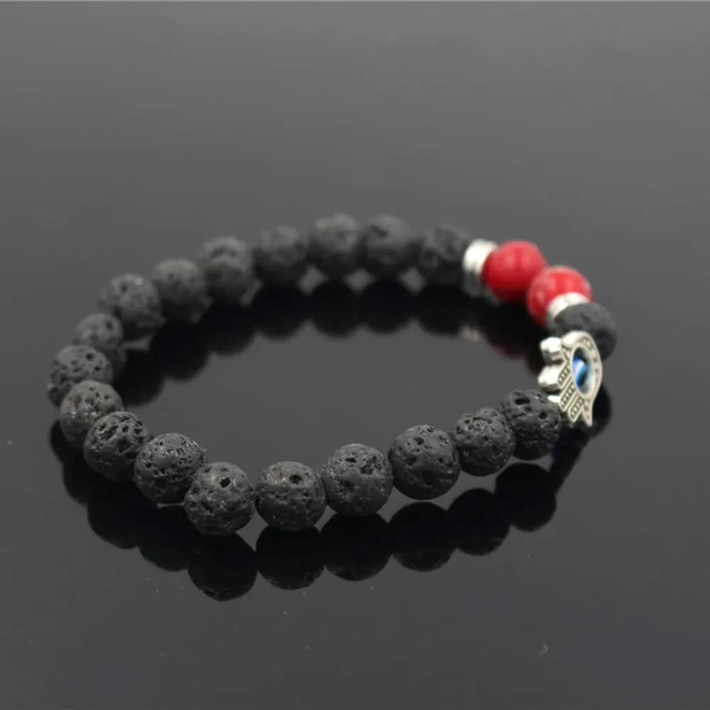 Lava Volcanic Stone Red Pine Beads Bracelet Hand Of Fatima