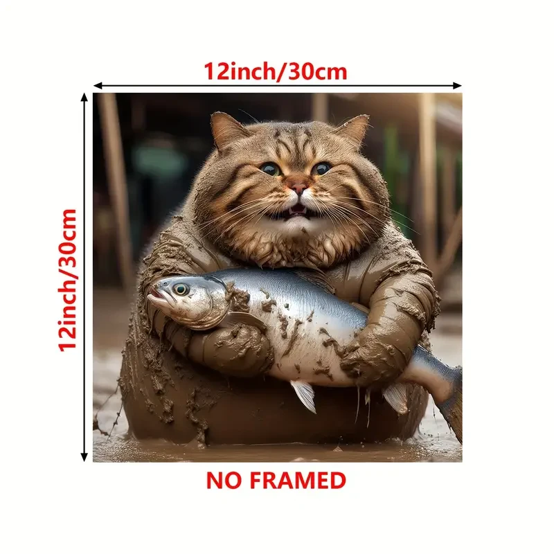 Funny Large Cat Catching Fish Art Poster