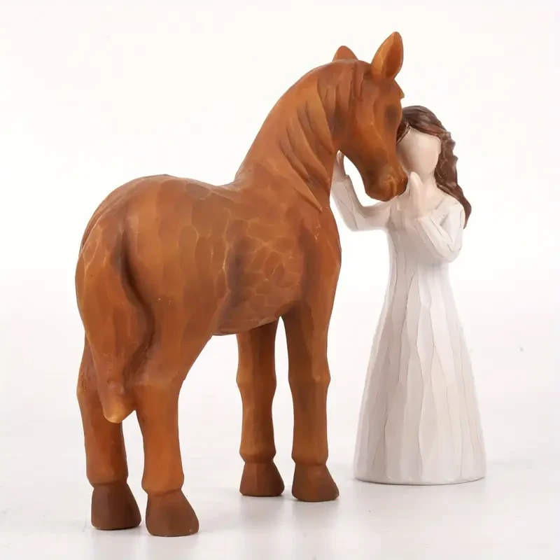 Hand-Painted Resin Horse and Girl Figurine - Equestrian Enthusiast Collectible, Sculpted ABS Figure for Horse Lovers, Ideal for Collectors Aged 14+, Durable Mixed Color Horse Decor, Memorable Gift for Women and Girls