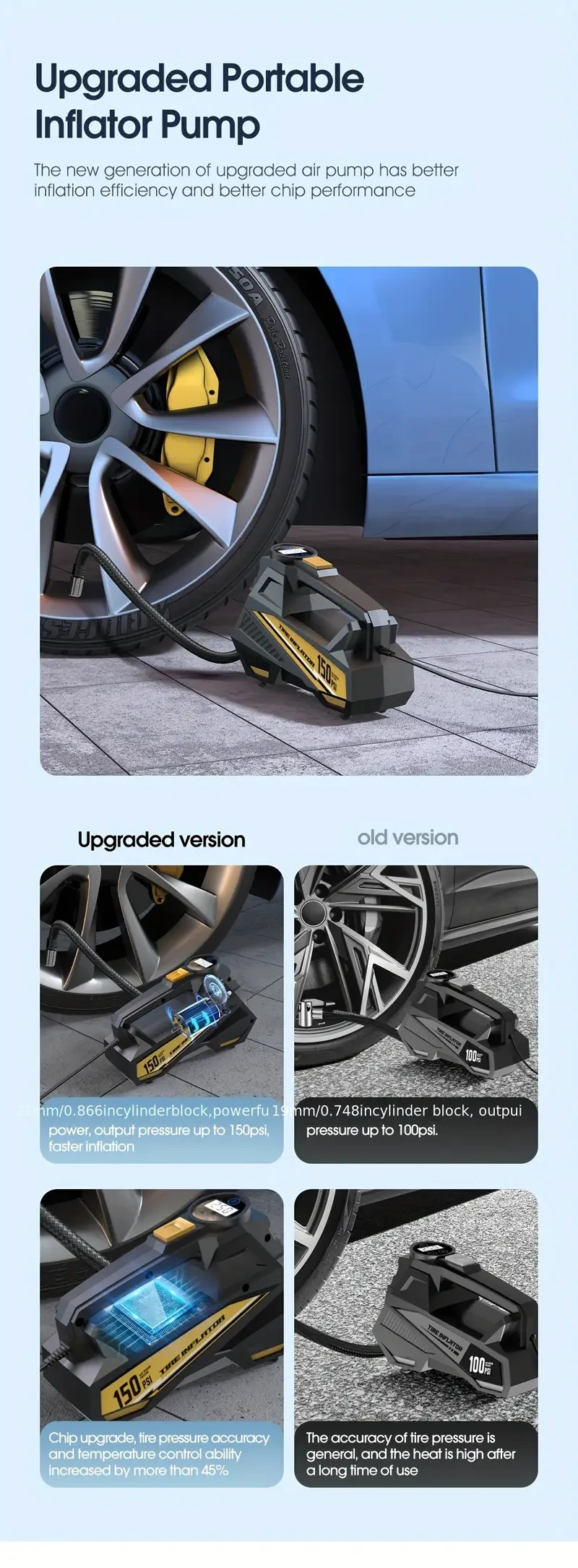 Carsun Portable Digital Tire Inflator - 12V LED Light, Cigarette Lighter Powered Air Compressor Pump for Cars, Motorcycles & Bicycles