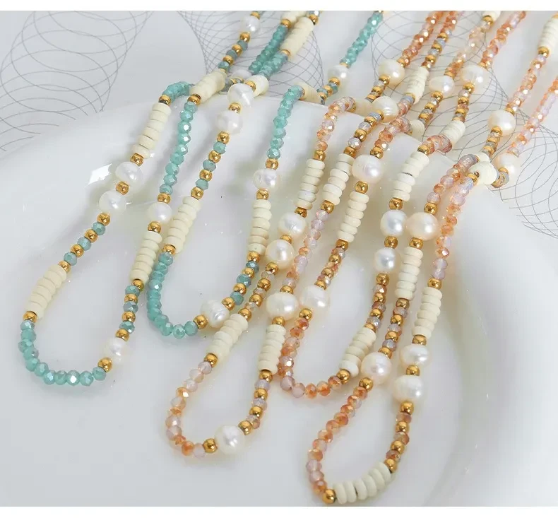 Titanium Colorful Ball Chain Natural Freshwater Pearl Glass Stone Necklace Wild Titanium Steel Bead String Jewelry