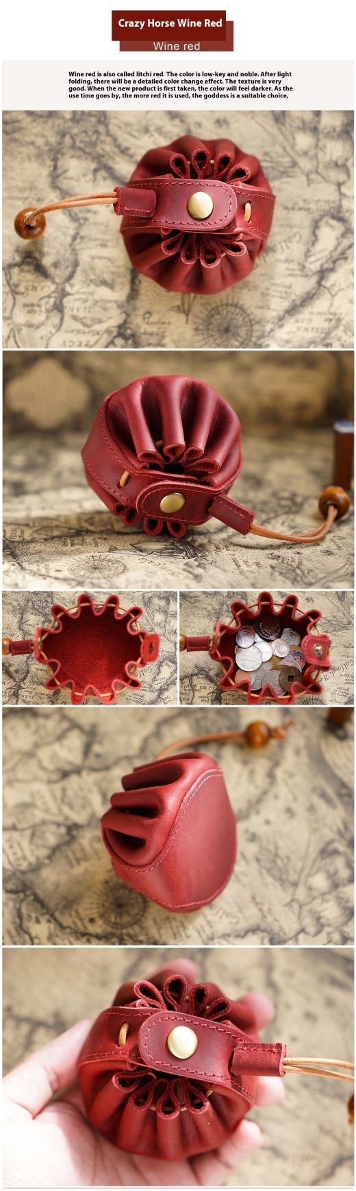 Handmade Top Layer Cowhide Zero Wallet Drawstring