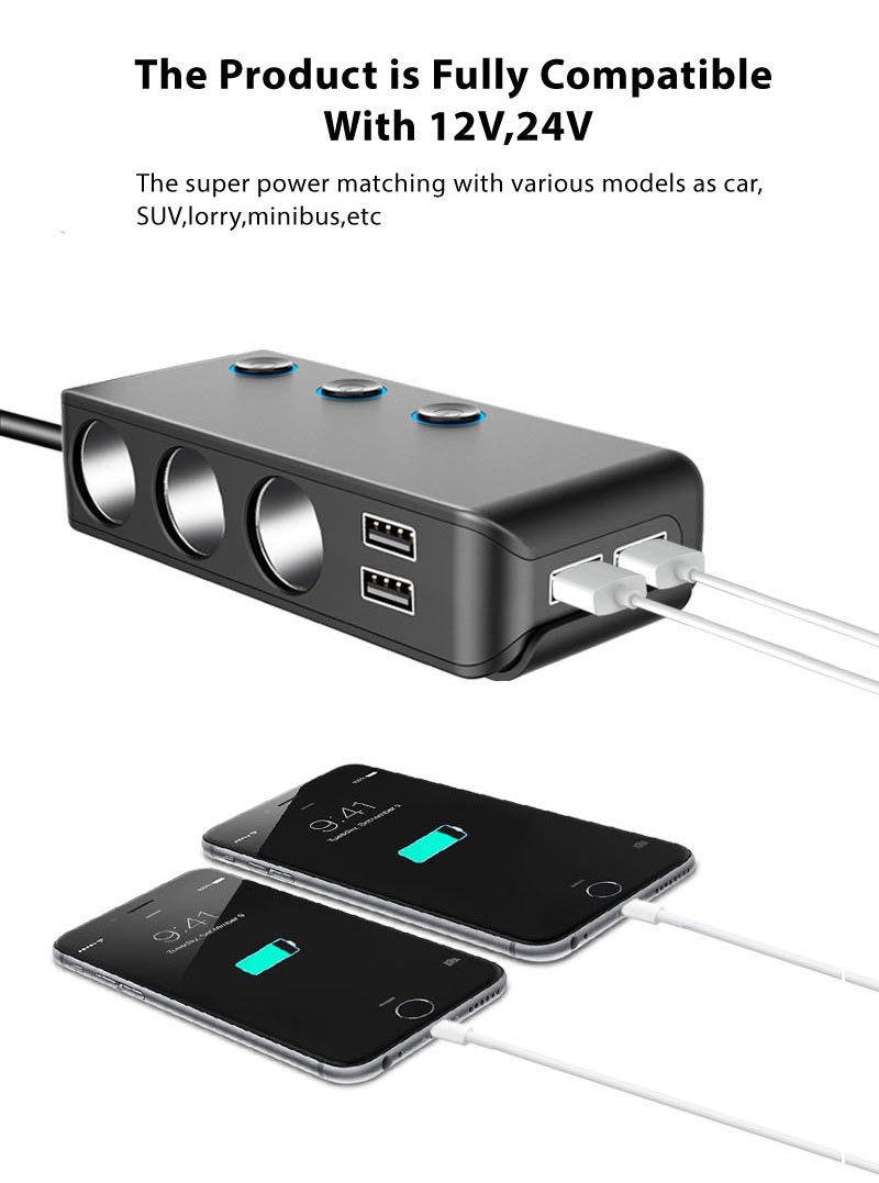 120W Car Charger With One To Three Cigarette Lighter With Independent Switch