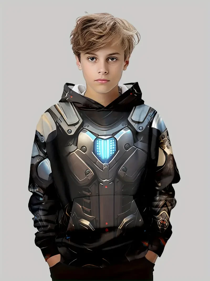 Boys' 3D Printed Mech Armor Design Hoodie - Casual Crew Neck Pullover with Long Sleeves, Polyester & Spandex Blend, Slight Stretch Fabric, Fall/Winter Comfort Fit with Front Pocket, Ideal for Outdoor Activities & Casual Wear, Ages 12 and Under