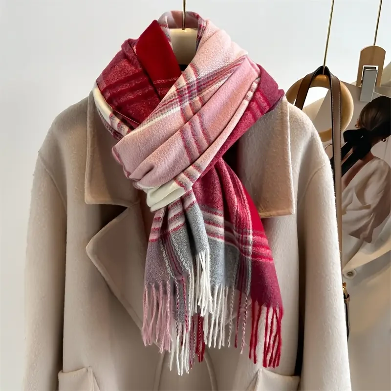 Stylish Jacquard Plaid Fringe Scarf