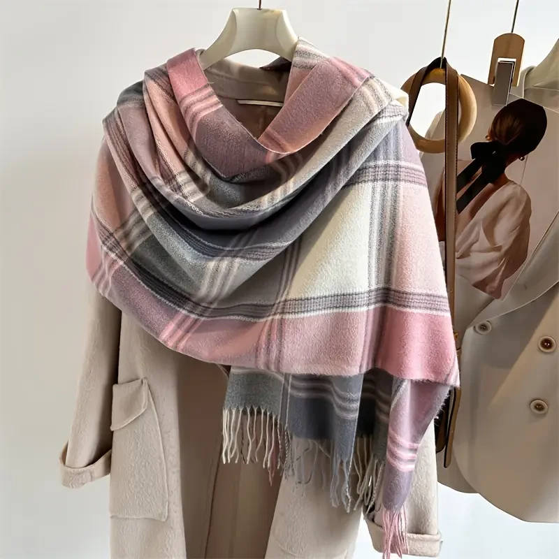 Stylish Jacquard Plaid Fringe Scarf