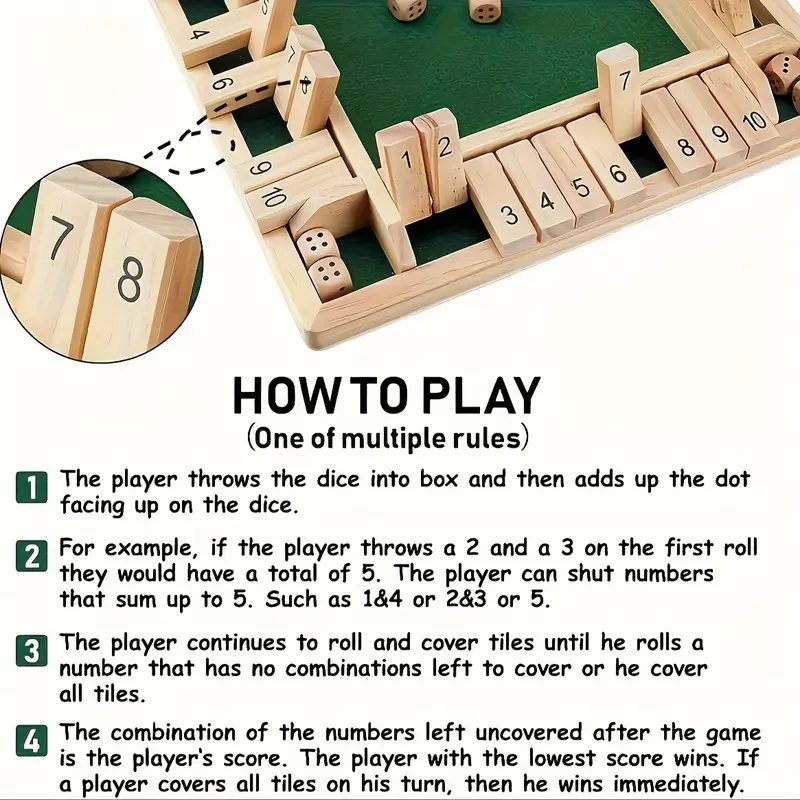 Shut the Box Family Game - 4-Sided Wooden Board with 8 Dices