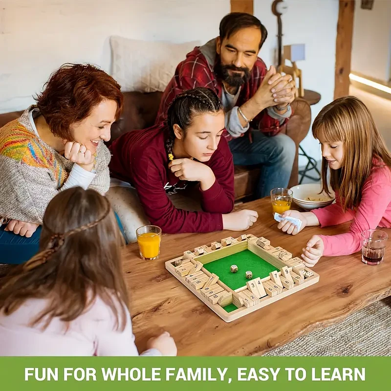 Shut the Box Family Game - 4-Sided Wooden Board with 8 Dices
