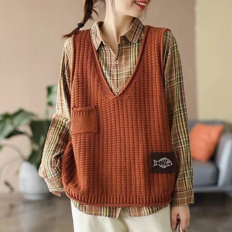 Women Knitted Vest Women V-Neck Loose