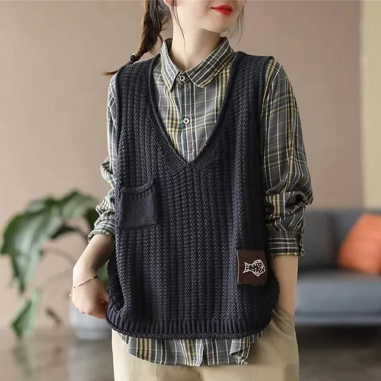 Women Knitted Vest Women V-Neck Loose