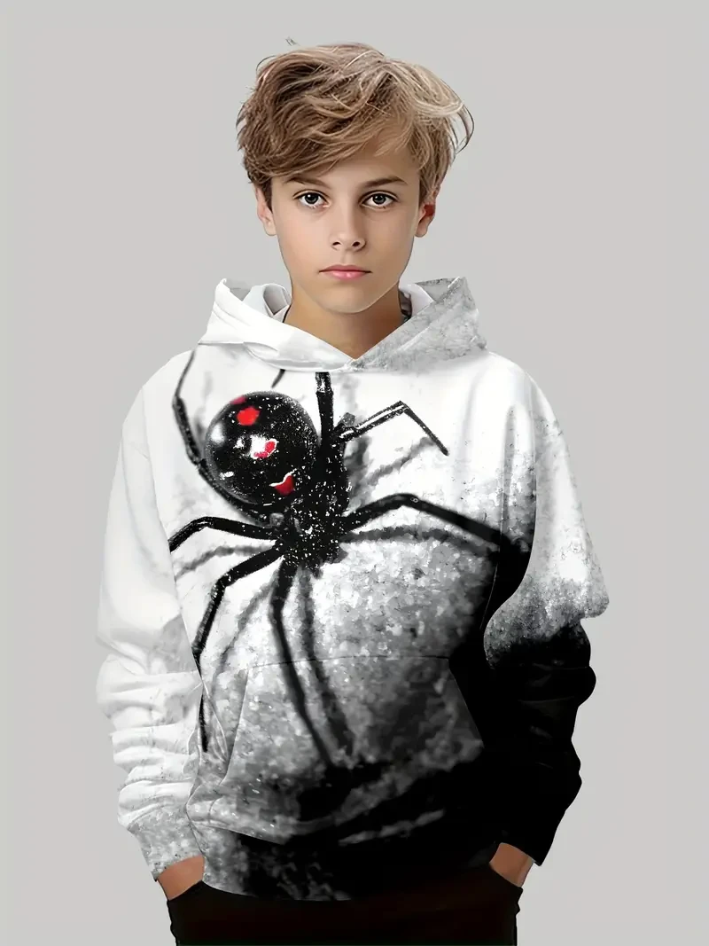 Boys' Cozy Spider 3D Print Pullover Hoodie - Casual Long Sleeve Sweatshirt with Kangaroo Pocket, Stretchy Polyester Blend, Machine Washable, Perfect for Fall & Winter