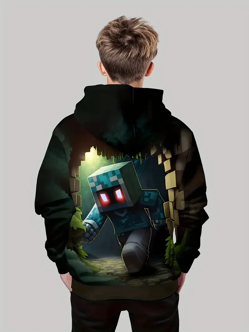 Boys' 3D Cartoon Print Hoodie - Casual Long Sleeve Pullover with Pockets, Perfect for Fall & Winter Outdoor Play