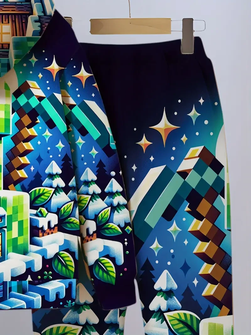 Boys' Trendy 3D Print Hoodie & Joggers Set - Cozy, Stretch Fabric for Fall/Winter | Machine Washable, Perfect for Outdoor