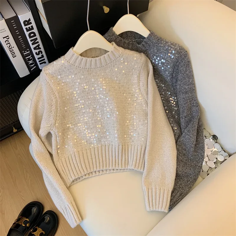 Autumn And Winter New Round Neck Heavy Embroidery Sequins Knitwear Top For Women