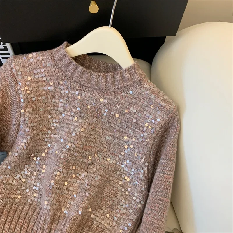 Autumn And Winter New Round Neck Heavy Embroidery Sequins Knitwear Top For Women