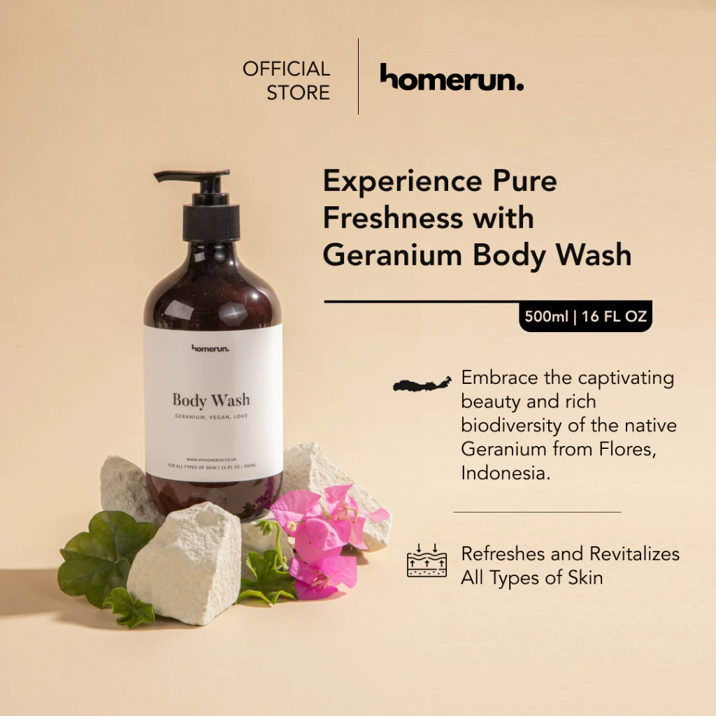 Homerun Vegan Body Wash 500ml Geranium VEGAN NATURAL SHOWER SOAP Sensitive Skin Eczema