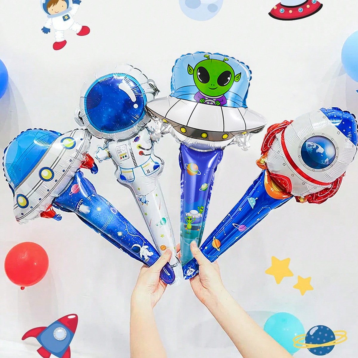 4pcs Space-Themed Astronauts & UFO Handheld Aluminum Film Balloons