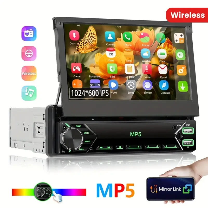 1DIN 17.78cm HD EQ Manual Retractable Monitor Car Radio Universal MP5 Stereo