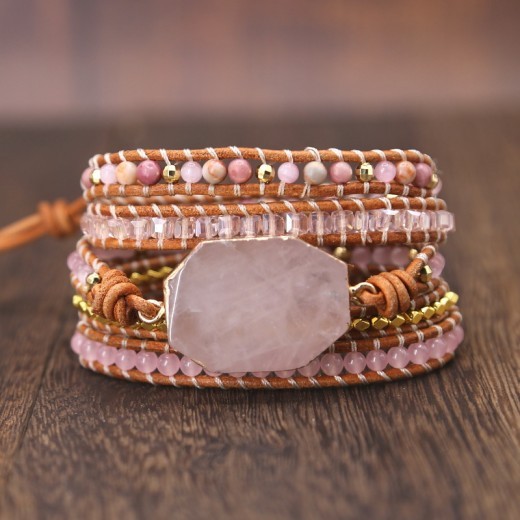Natural Pink Spar Bracelet Beaded Natural Stone Woven